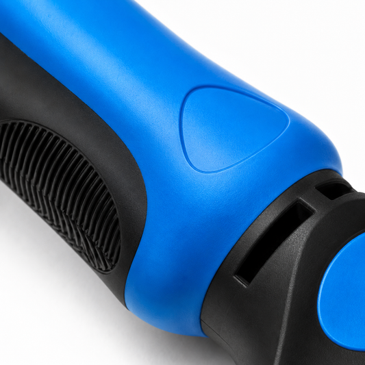 Close-up of a blue and black textured grip on a handheld device or tool