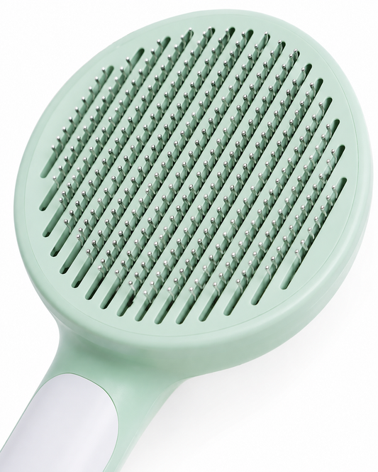 Mint green and white plastic hairbrush with fine bristles and handle