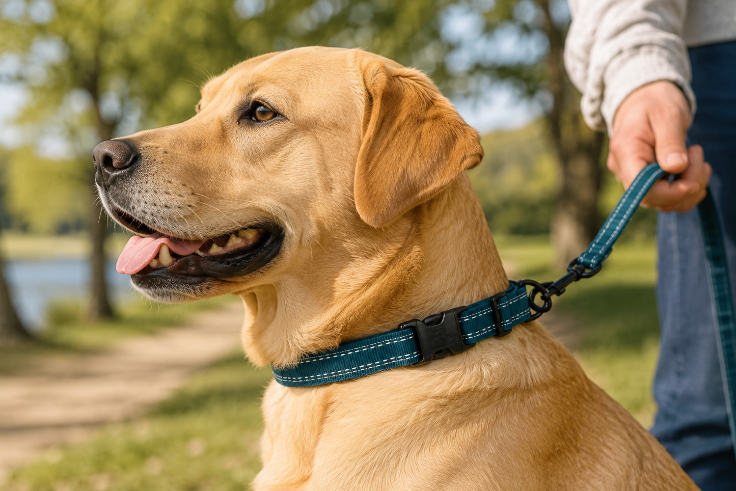 Happy Labrador Retriever on a Leash Enjoying a Walk in a Lush Park
