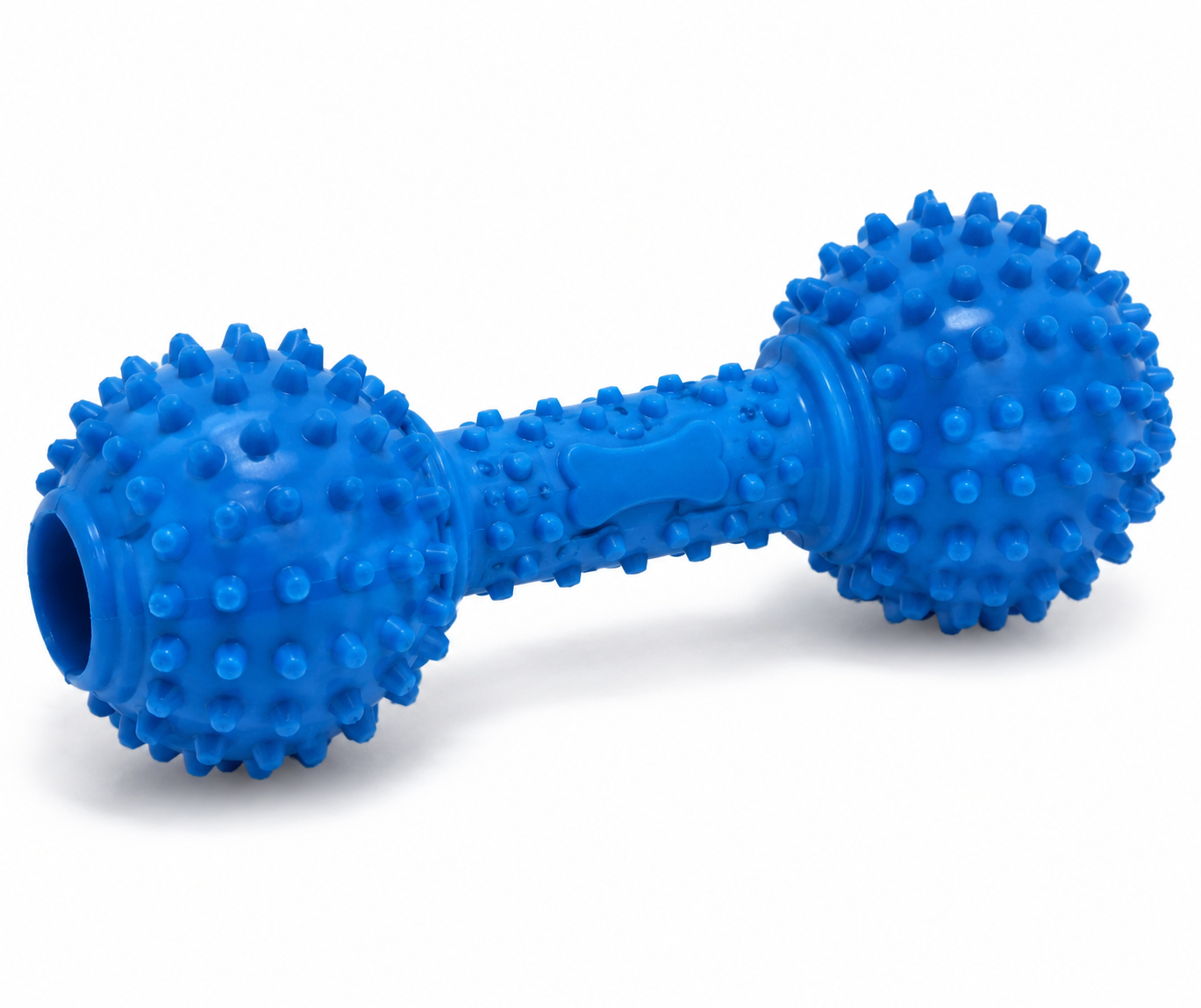 A textured blue rubber dog toy with spiked ends, designed for chewing and play