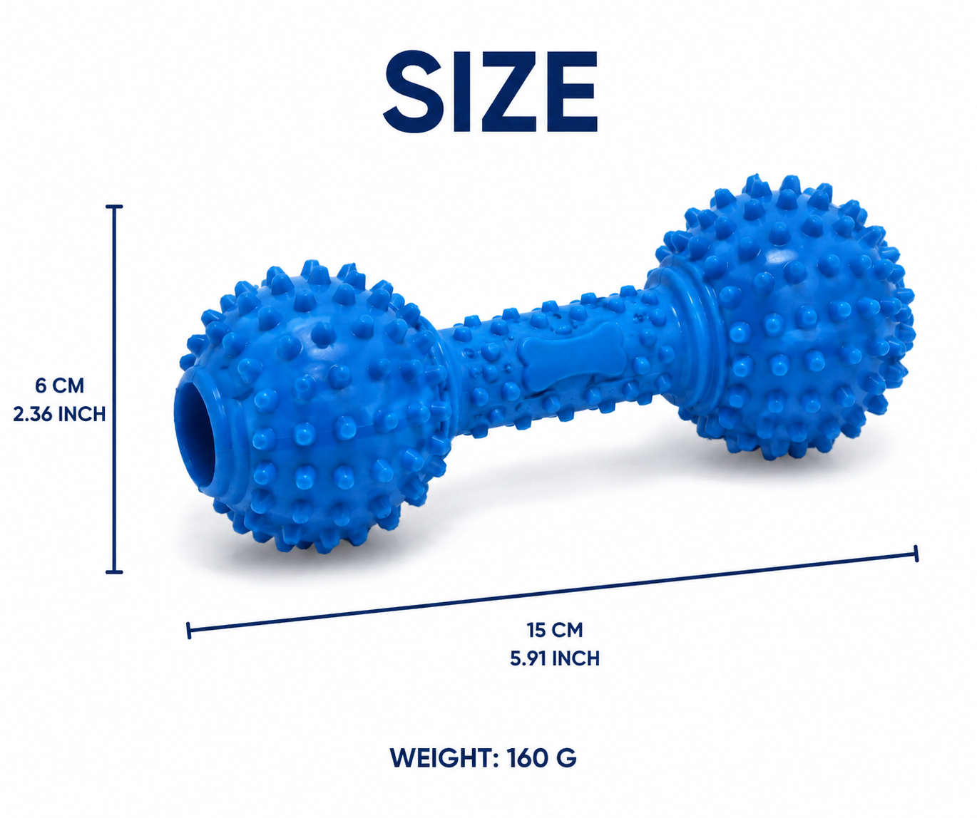 Blue textured dog chew toy with size and weight specifications displayed