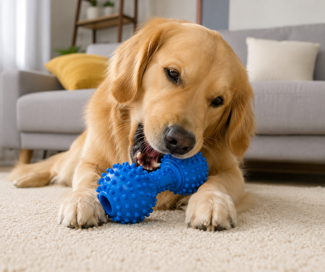 Golden Retriever chewing a blue dog toy on a carpet in a cozy living room