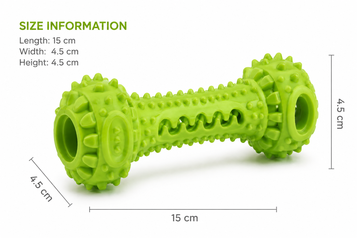 Bright green rubber dog toy with textured grip and labeled size dimensions