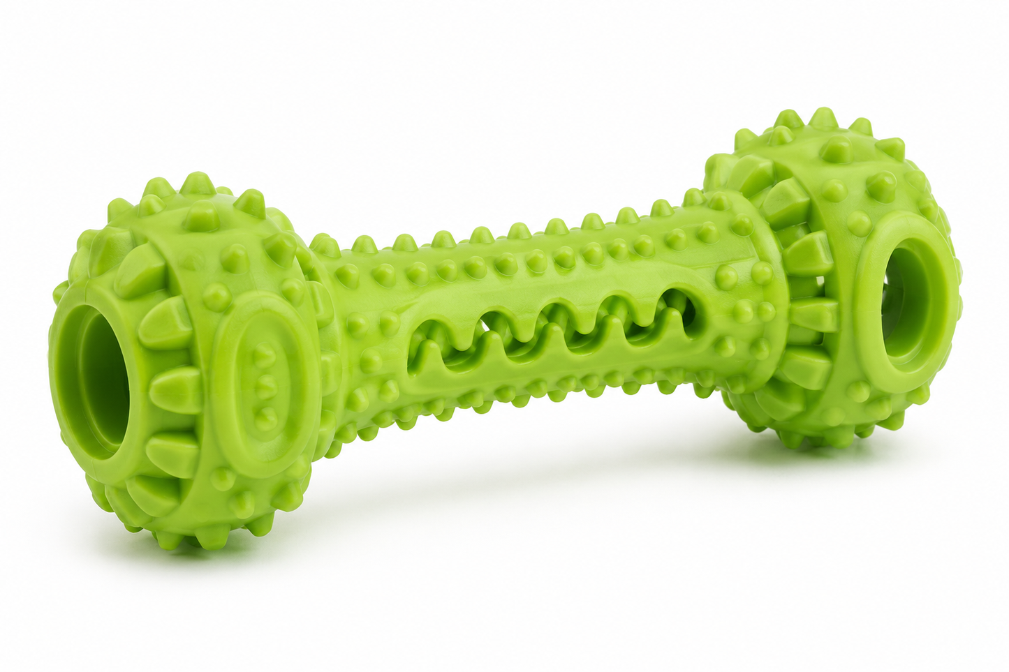 Bright green rubber dog toy with textured surface and cylindrical ends
