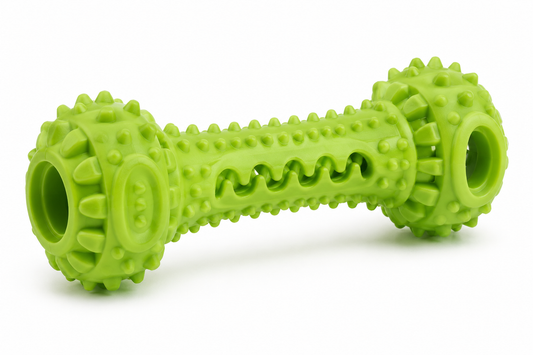 Bright green rubber dog toy with textured surface and cylindrical ends