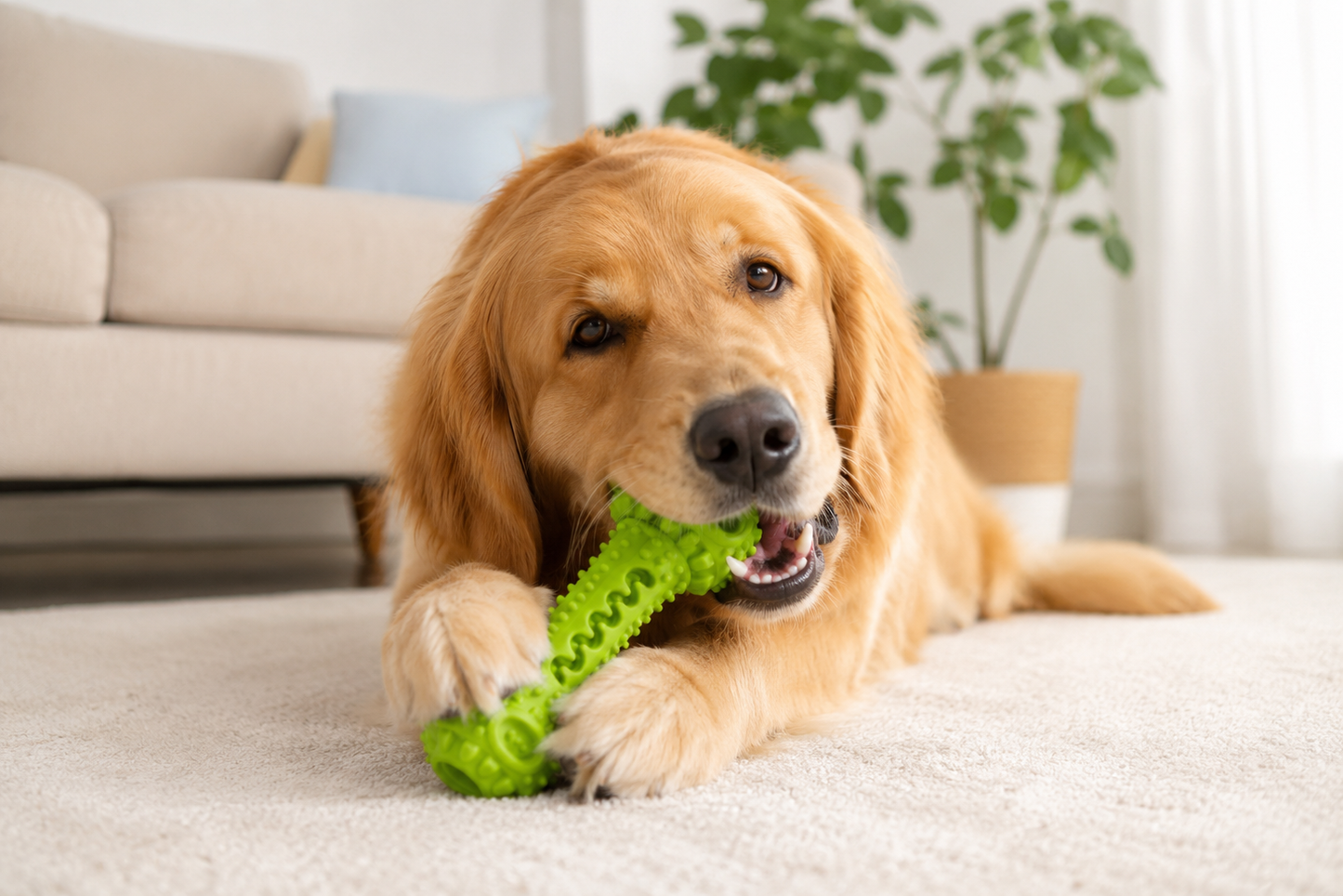 Golden Retriever lying on carpet chewing green toy in cozy living room