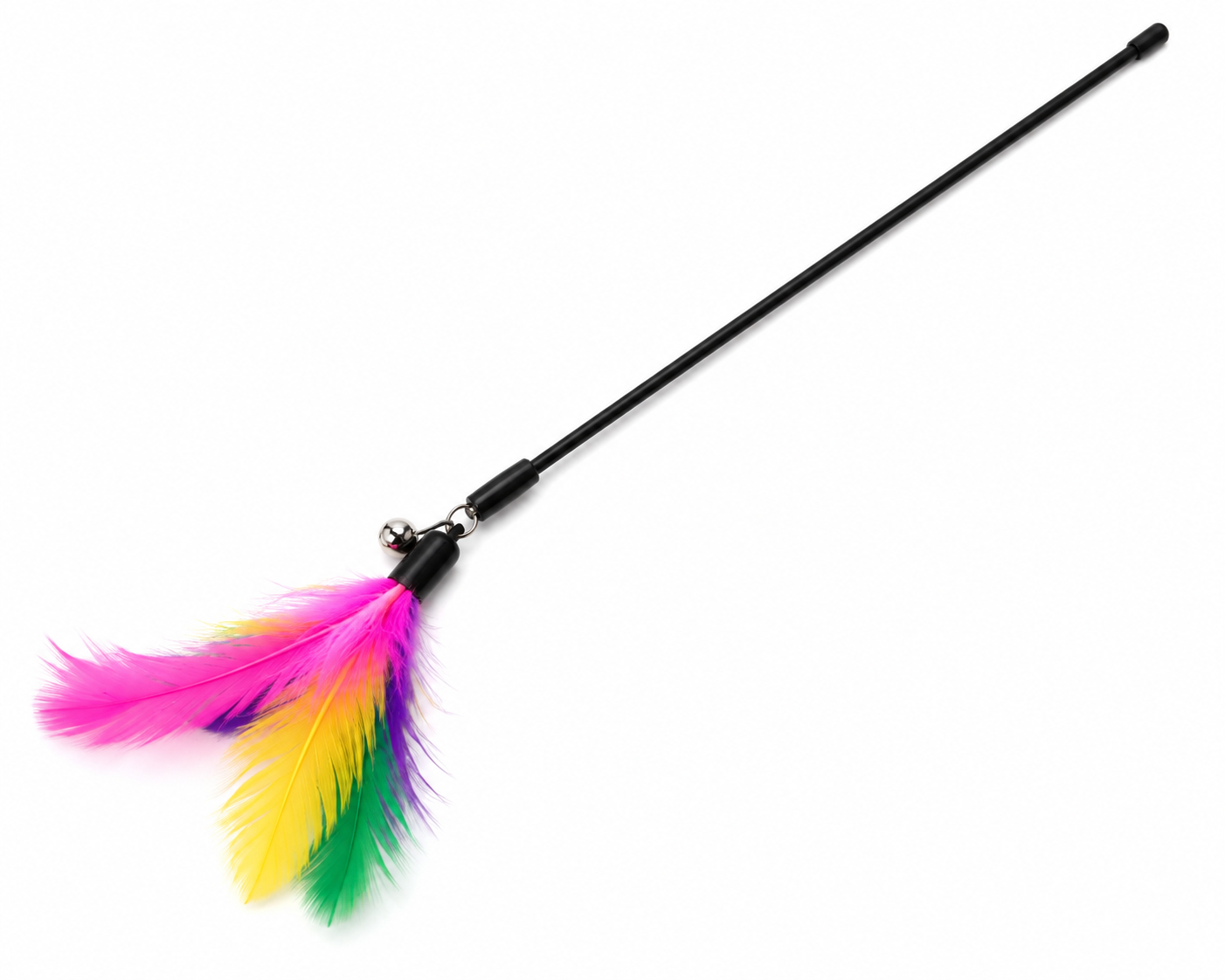 Colorful feathered cat toy with a black wand lying on a white surface
