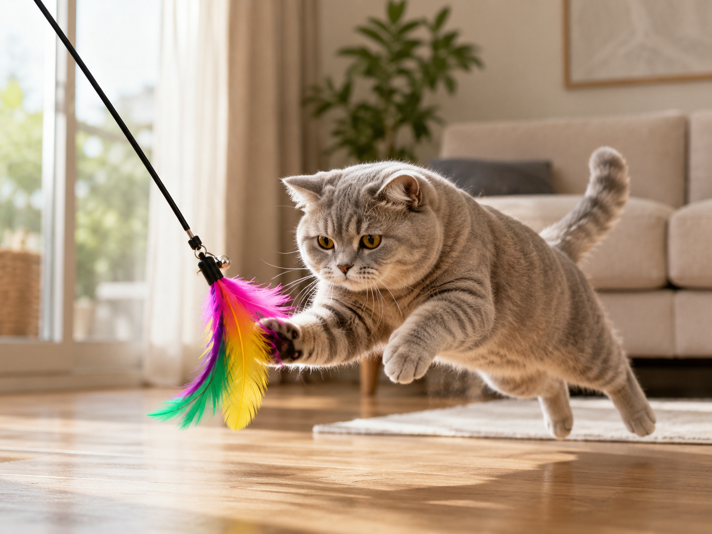 Playful cat leaping for colorful feather toy in bright living room setting