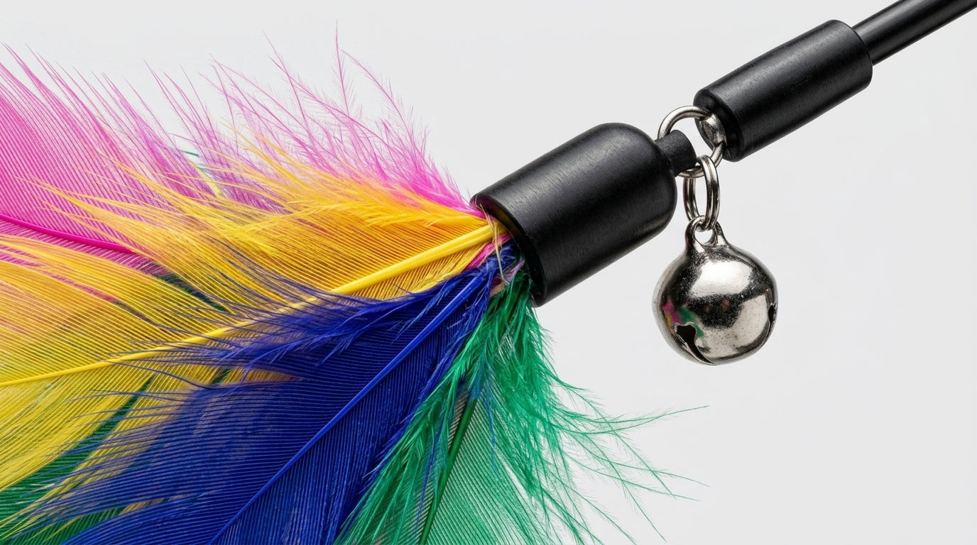 Vibrant multicolored feather tickler with silver ball attached to a black handle.