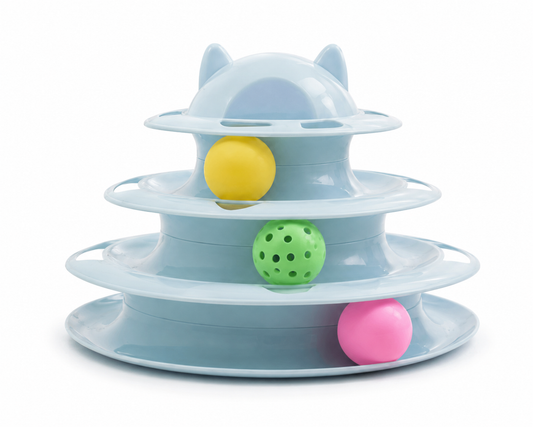 Interactive cat toy with three tiers, colorful balls, and playful design