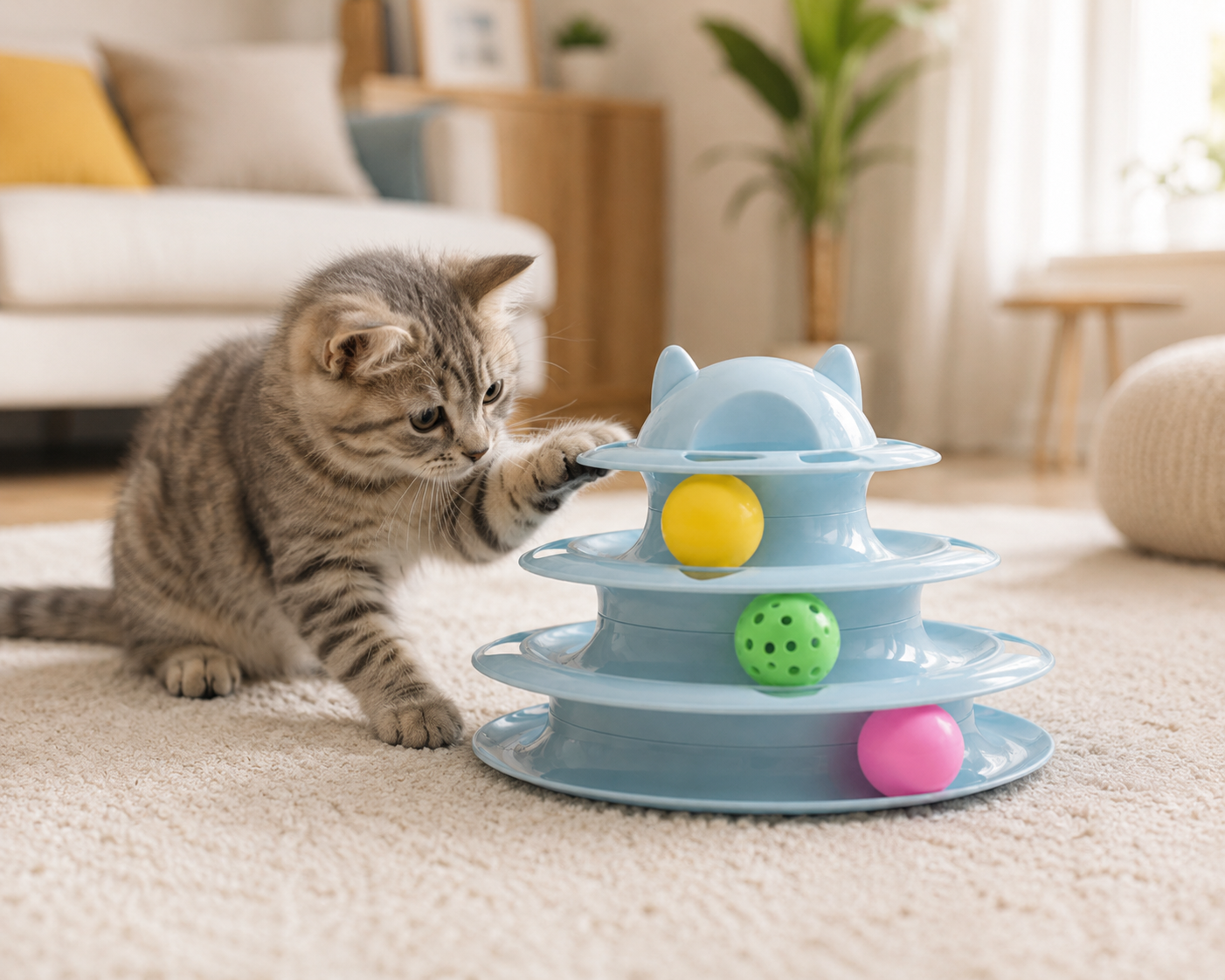 Playful tabby cat batting at colorful balls on a multi-tiered cat toy in a cozy