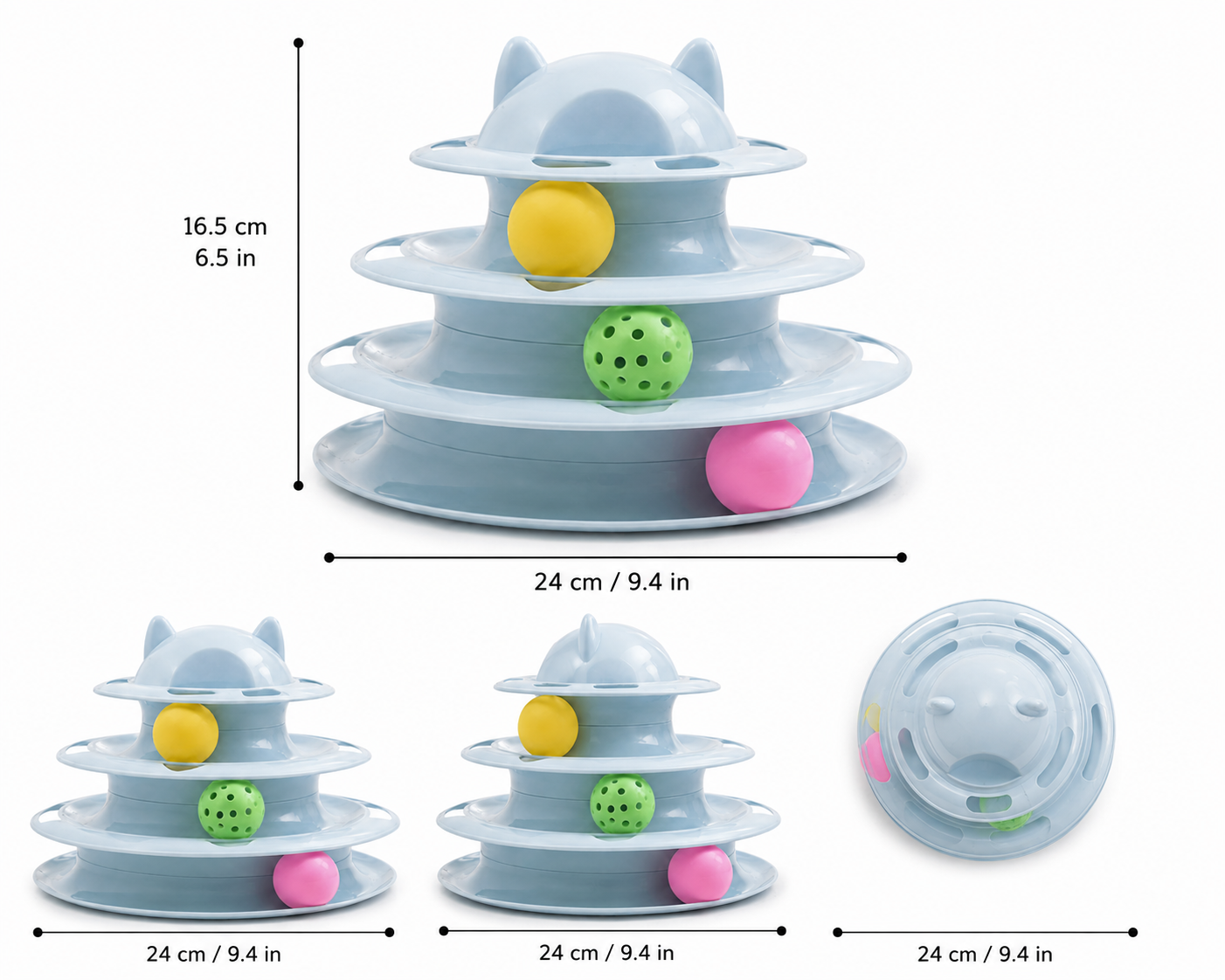 Three-tiered cat toy with colorful balls and cute cat ear design in various