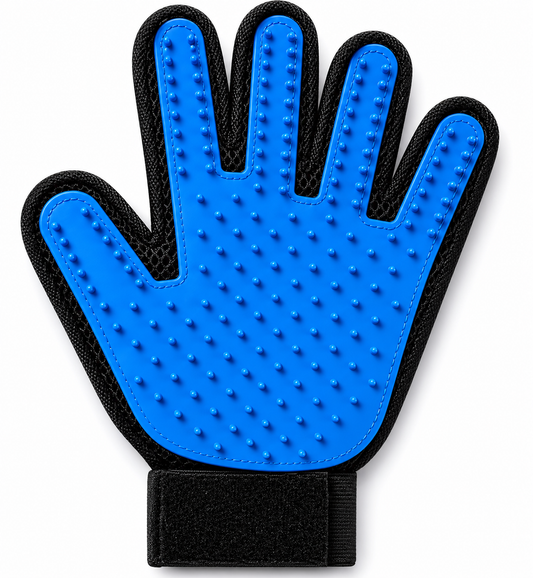 A bright blue rubber pet grooming glove with black trim and detailed palm