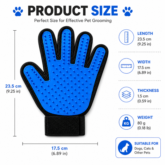 Blue pet grooming glove with dimensions and specifications for effective