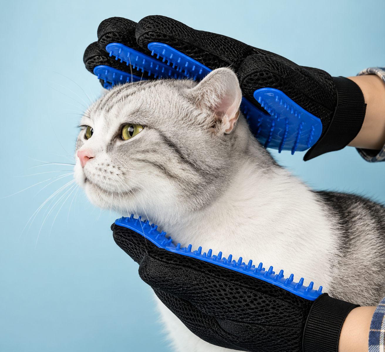 Person wearing blue and black gloves grooming a relaxed gray