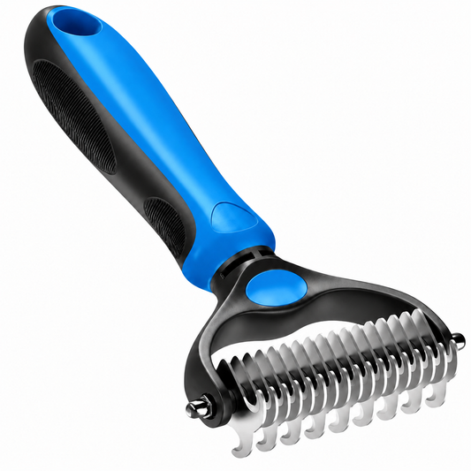 Blue and black handled pet grooming tool with sharp stainless steel teeth