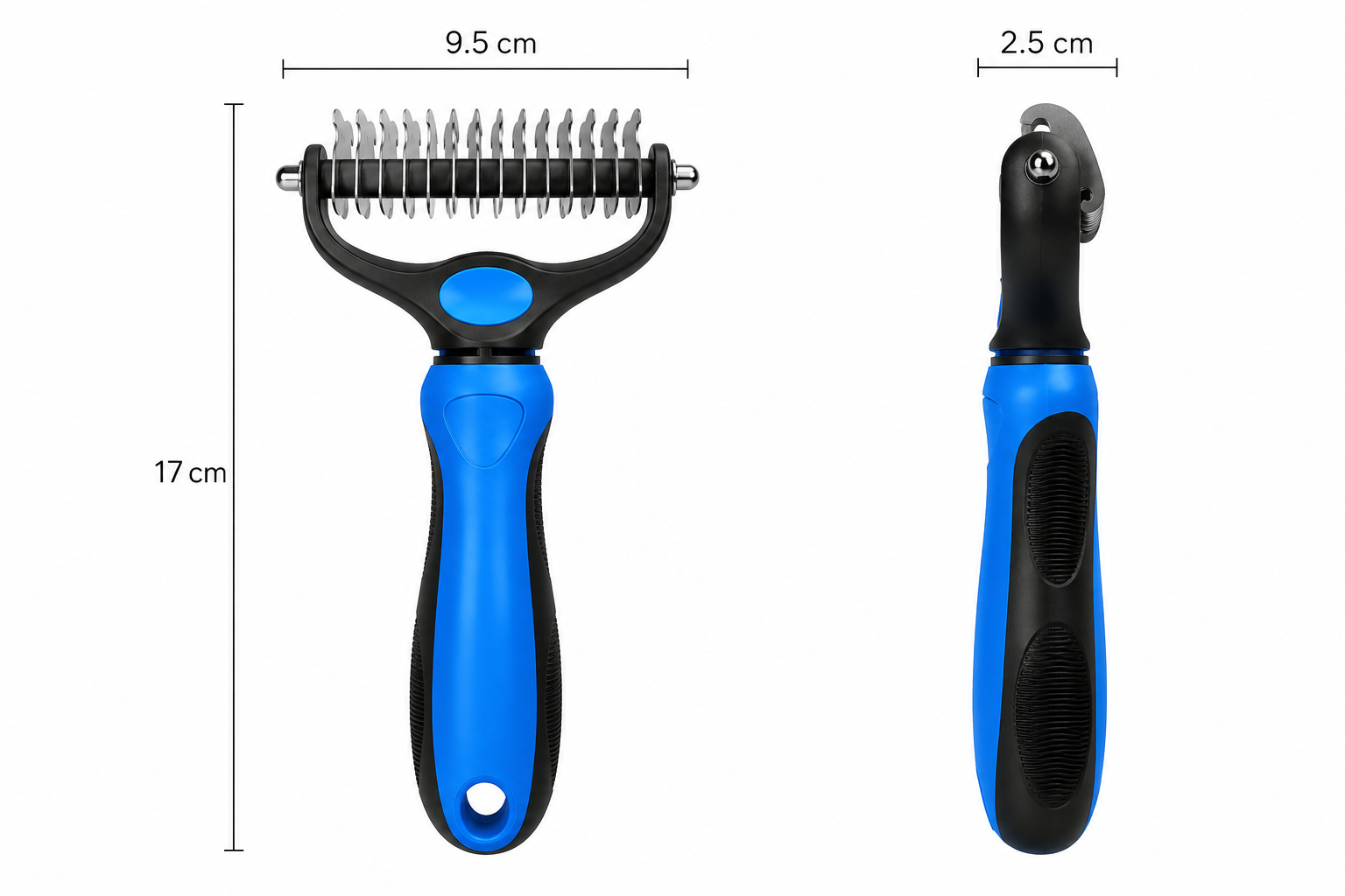 Blue and black pet grooming tool with measurements and two different sizes