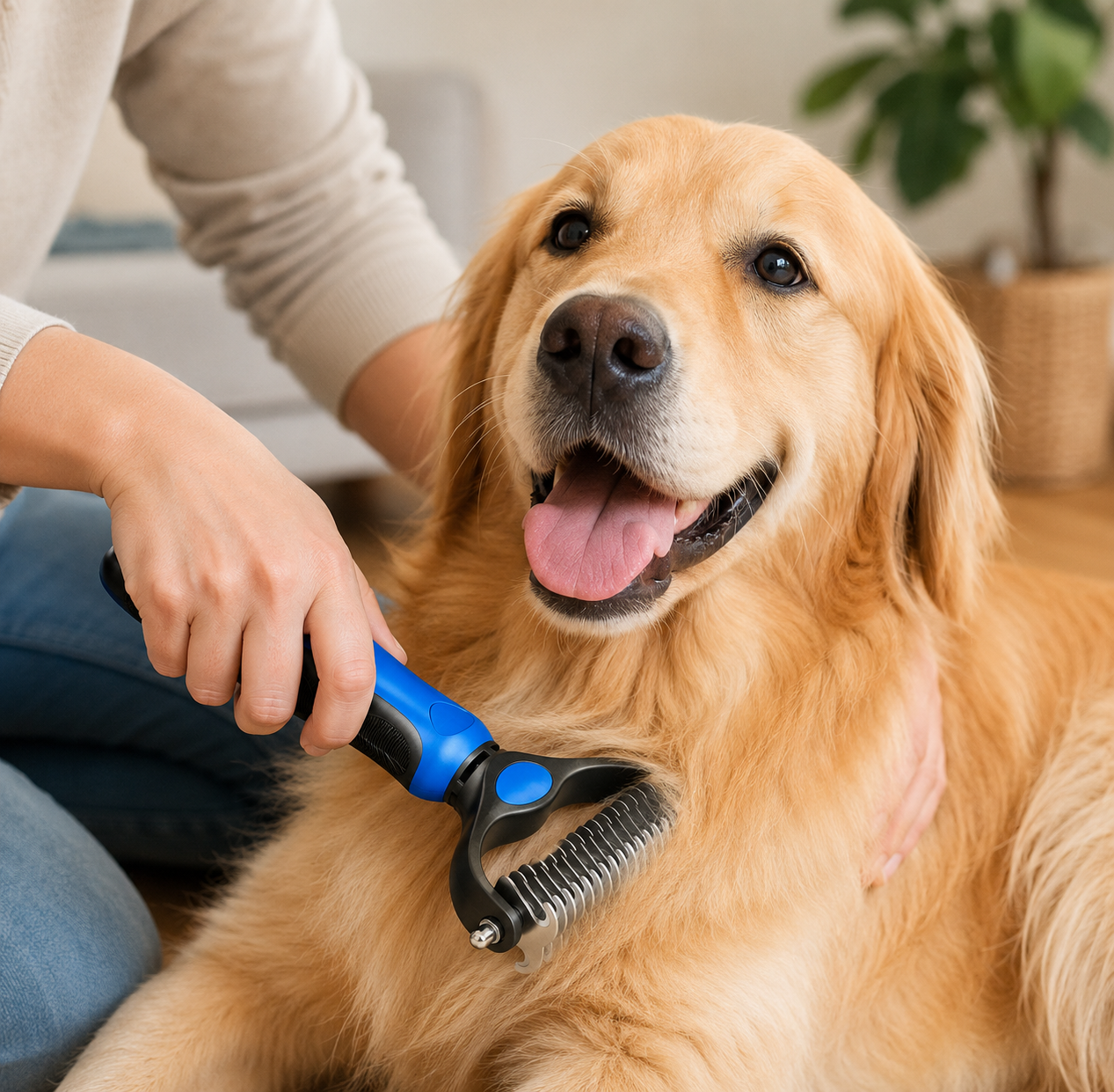 Person grooming a happy golden retriever with a blue brush indoors