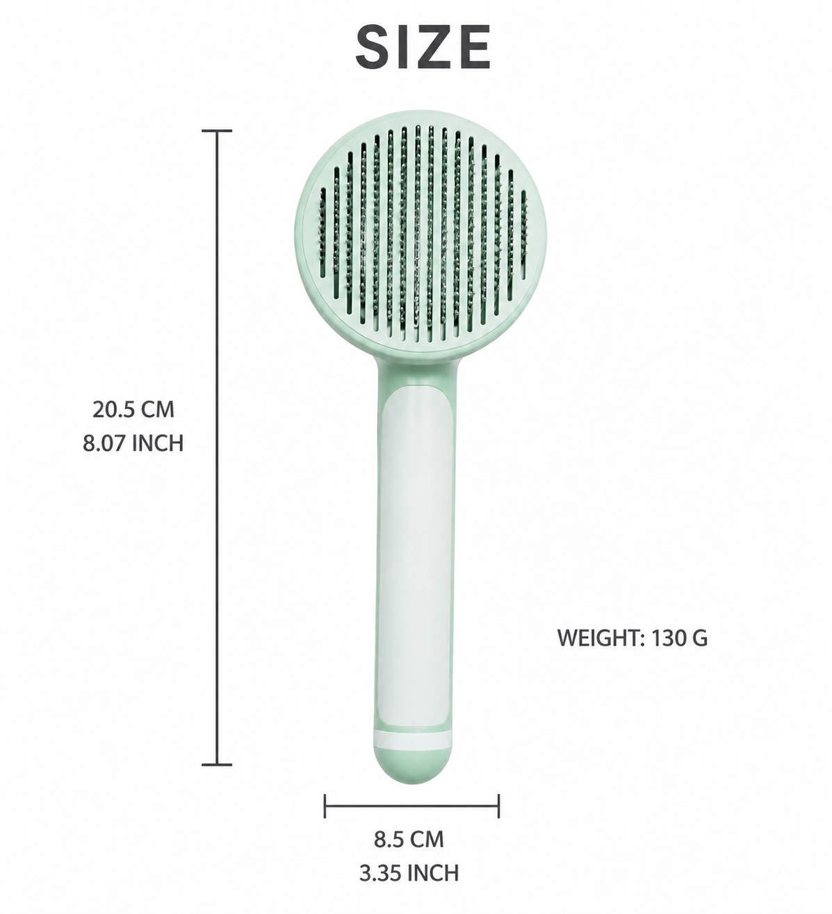 Light green handheld massager with dimensions and weight labeled in image