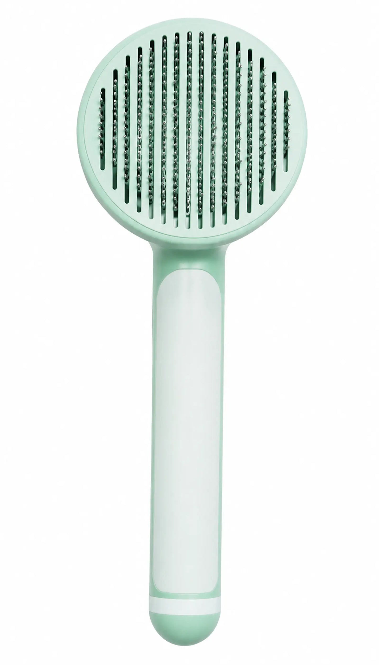 Mint-green baby hairbrush with white handle and soft bristles on white