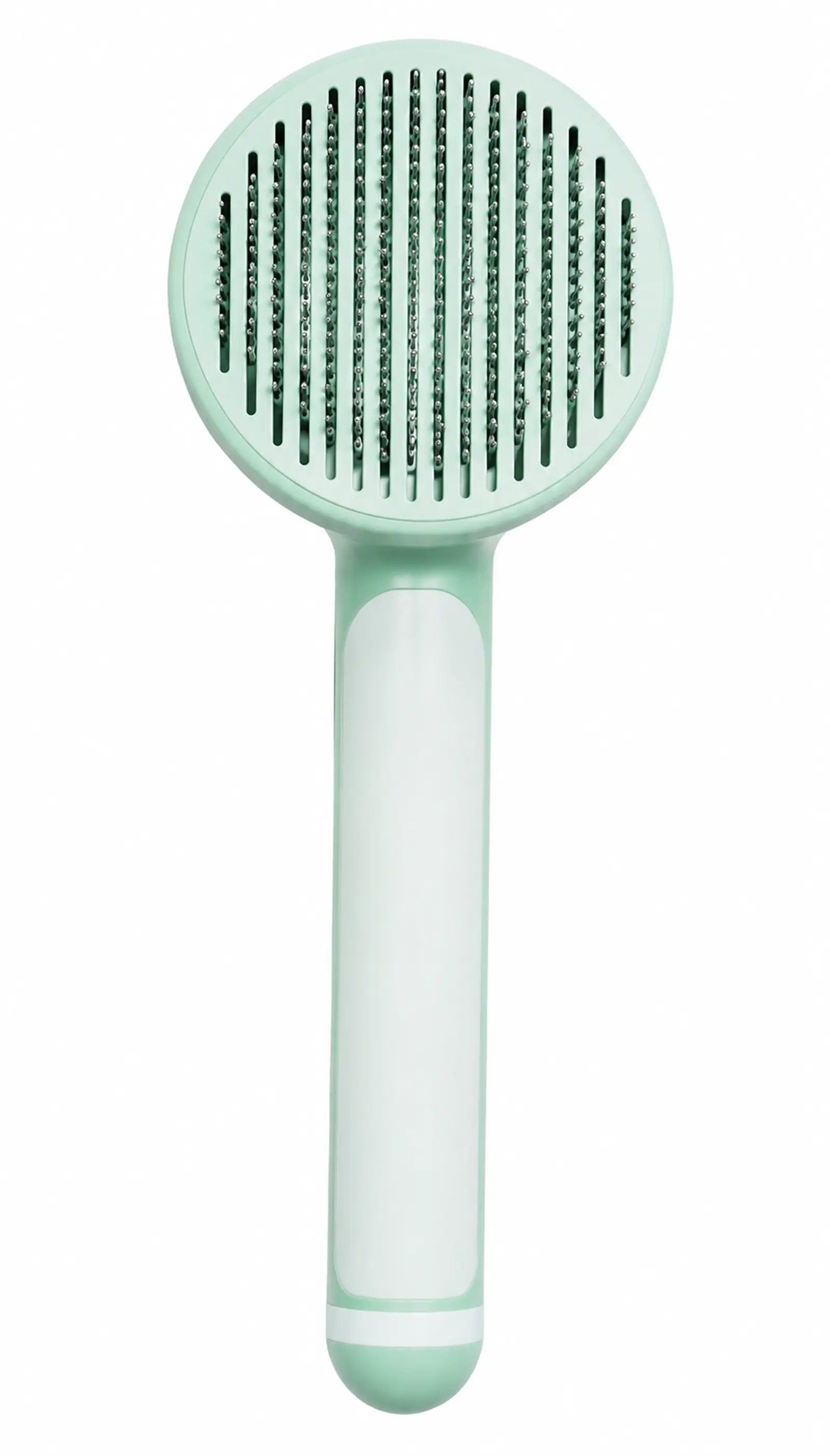 Mint-green baby hairbrush with white handle and soft bristles on white