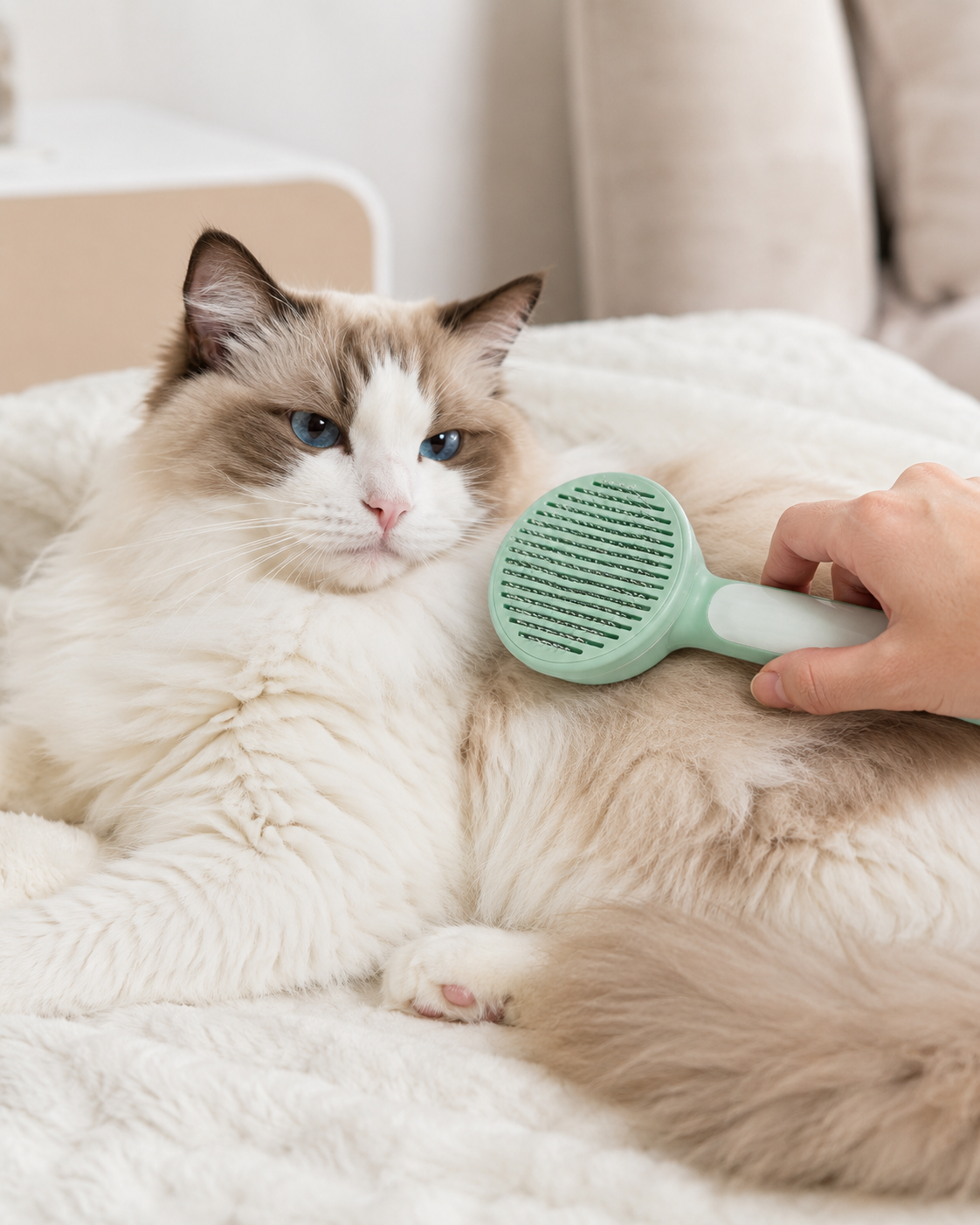 Person gently grooming a relaxed long-haired cat with a green brush on a