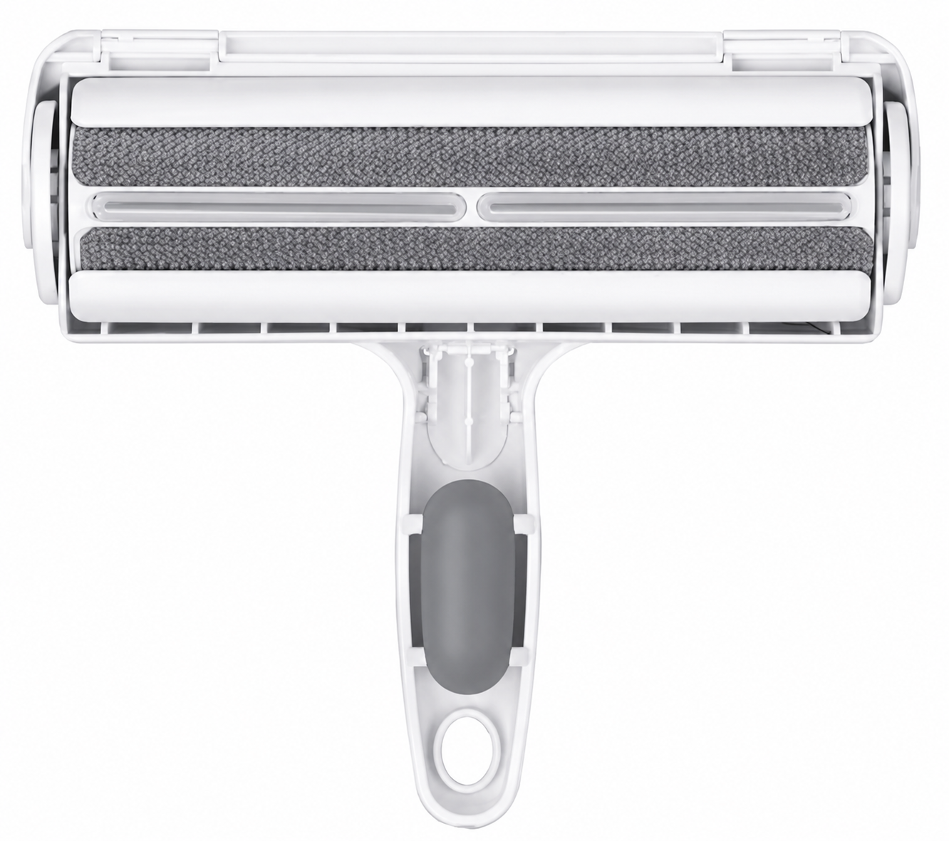 Clear plastic pet hair remover tool with gray roller and handle on white