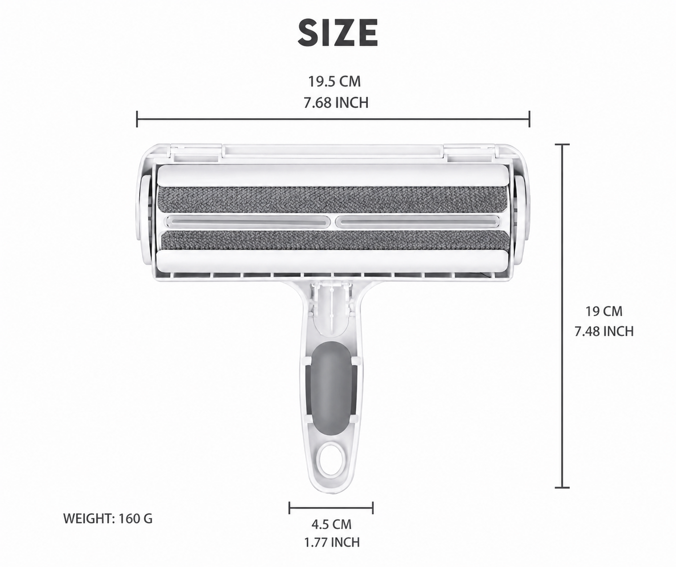 Detailed dimensions of a handheld pet hair roller with measurements