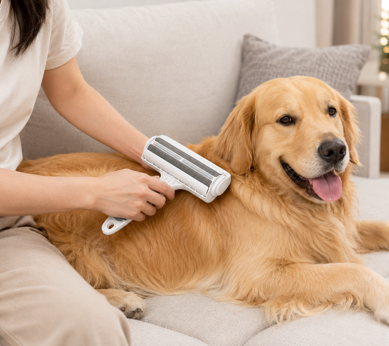 Person grooming a happy golden retriever with a pet grooming tool indoors