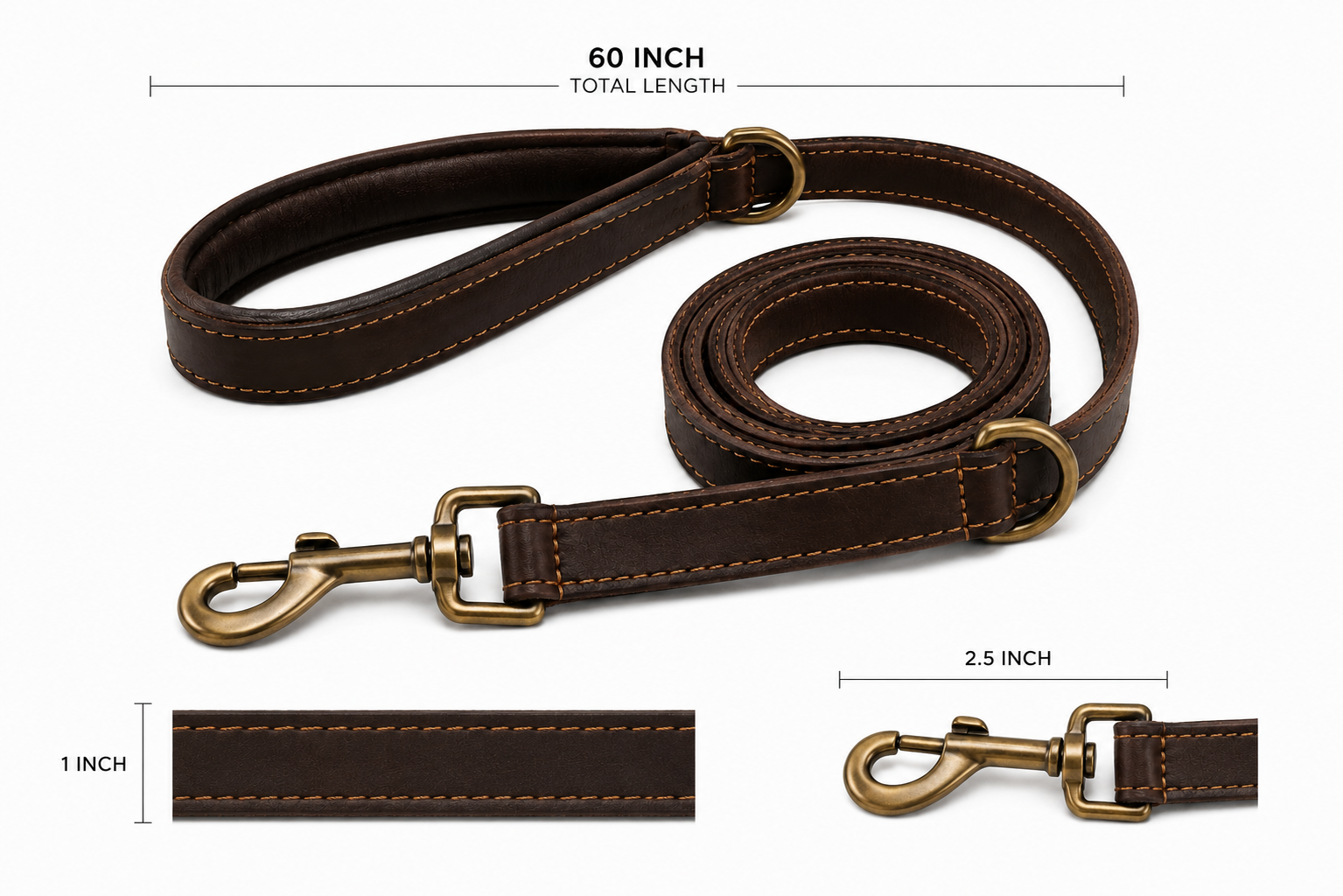 Brown leather dog leash with brass hooks and measurements displayed