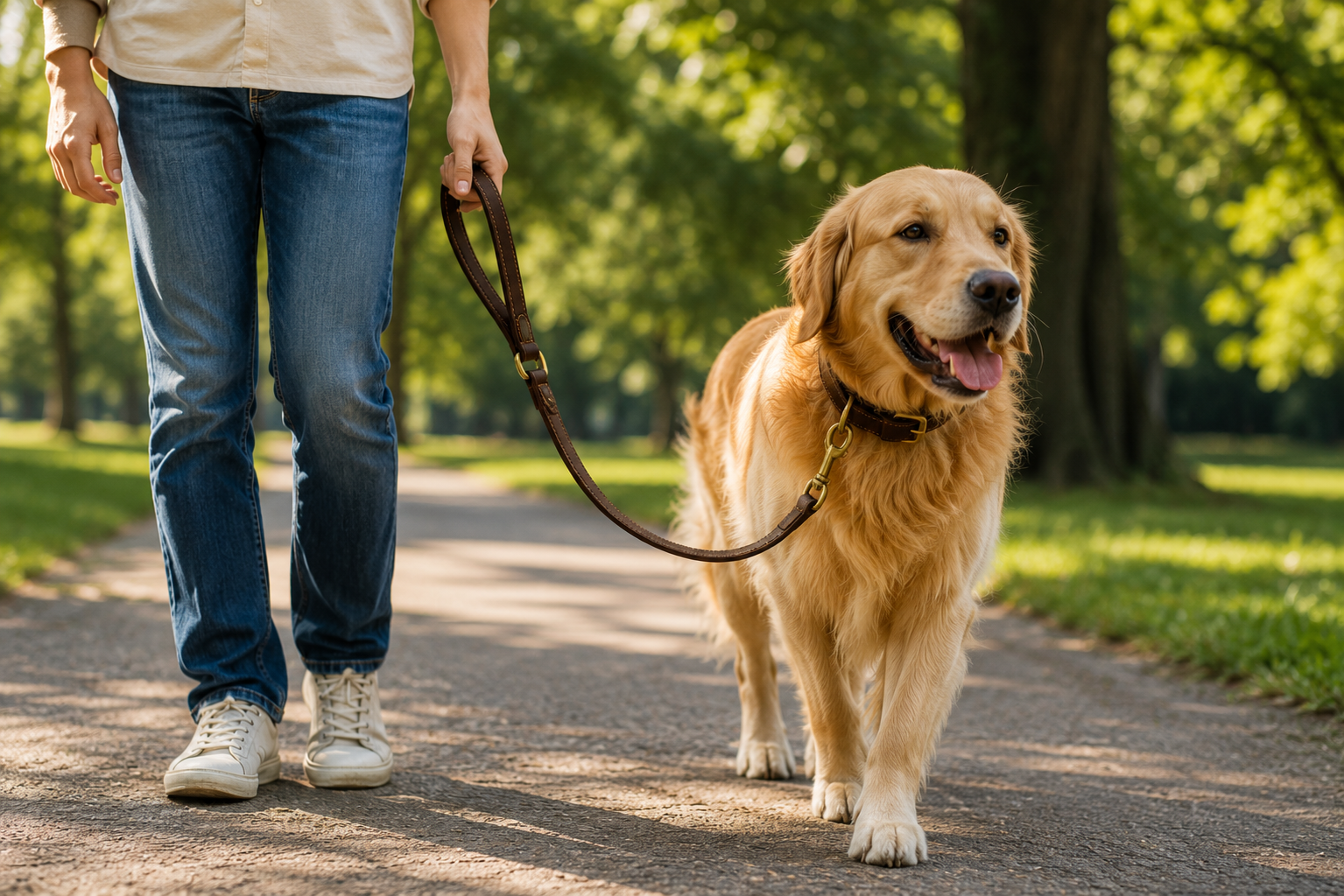 Person walking a leashed golden retriever on a sunny park path with greenery