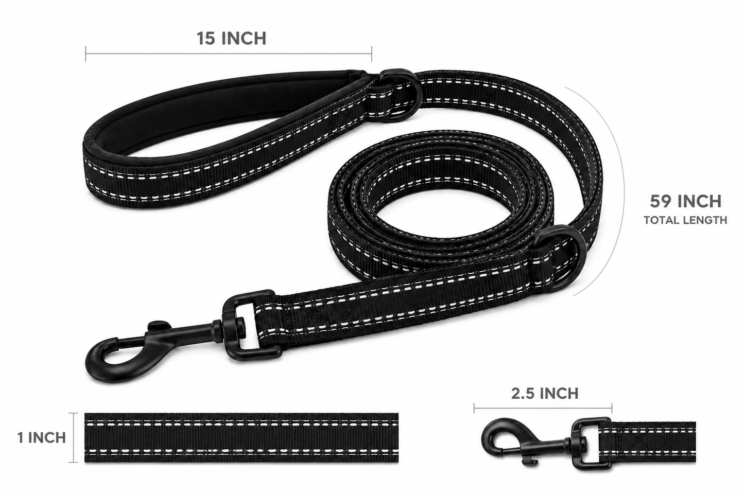 Black reflective stitching dog leash with metal clips and length details