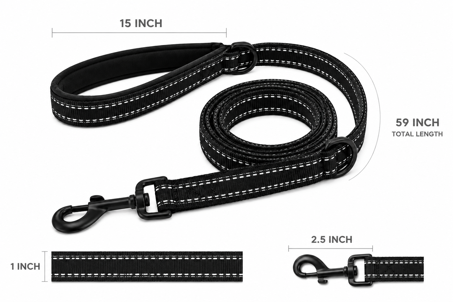 Black reflective stitching dog leash with metal clips and length details