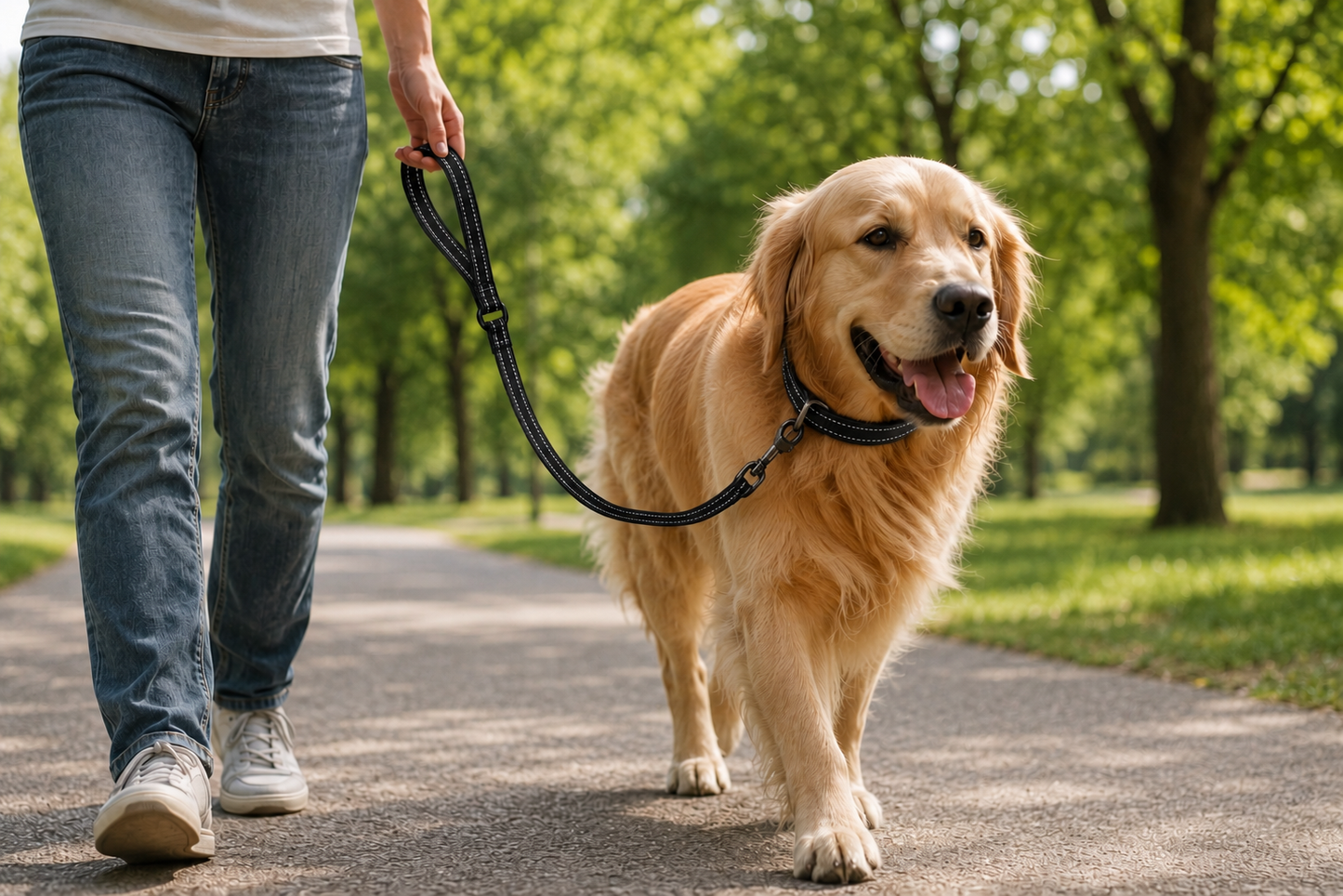Person walking a happy golden retriever on a leash in a peaceful park setting