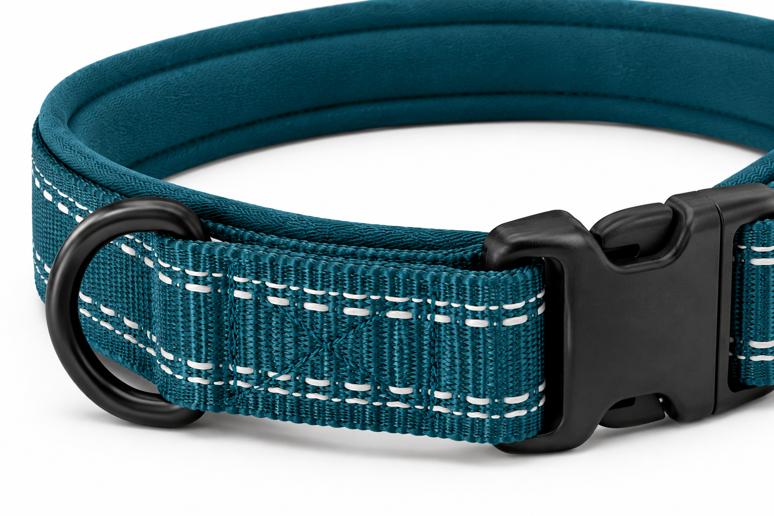 Close-up of a durable teal dog collar with reflective stitching and a black