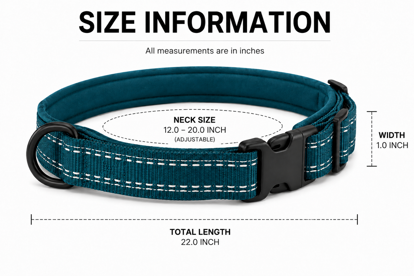 Detailed sizing diagram of a teal dog collar with measurements