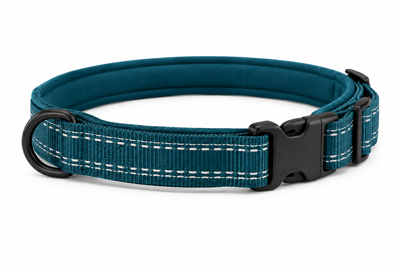 Teal dog collar with white stitching and black plastic buckle on white
