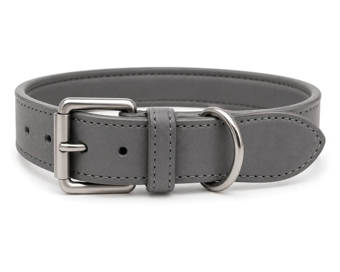 Durable gray leather dog collar with polished silver buckle and round logo patch