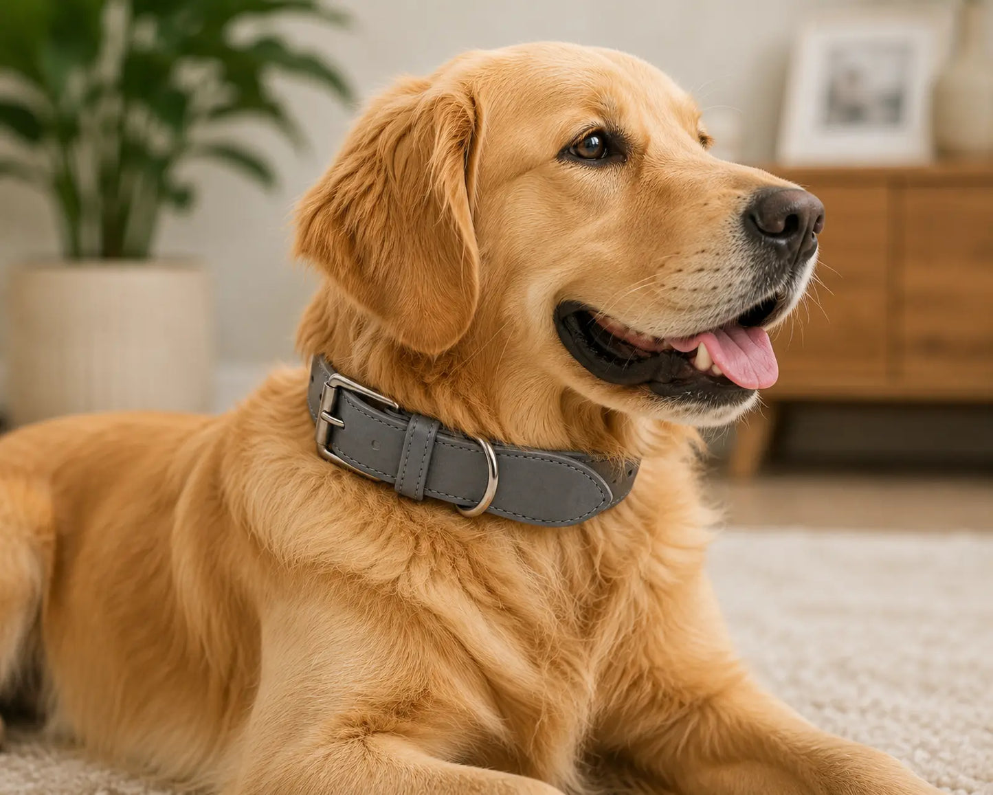 Golden Retriever with a gray collar lying on a carpet in a cozy living room