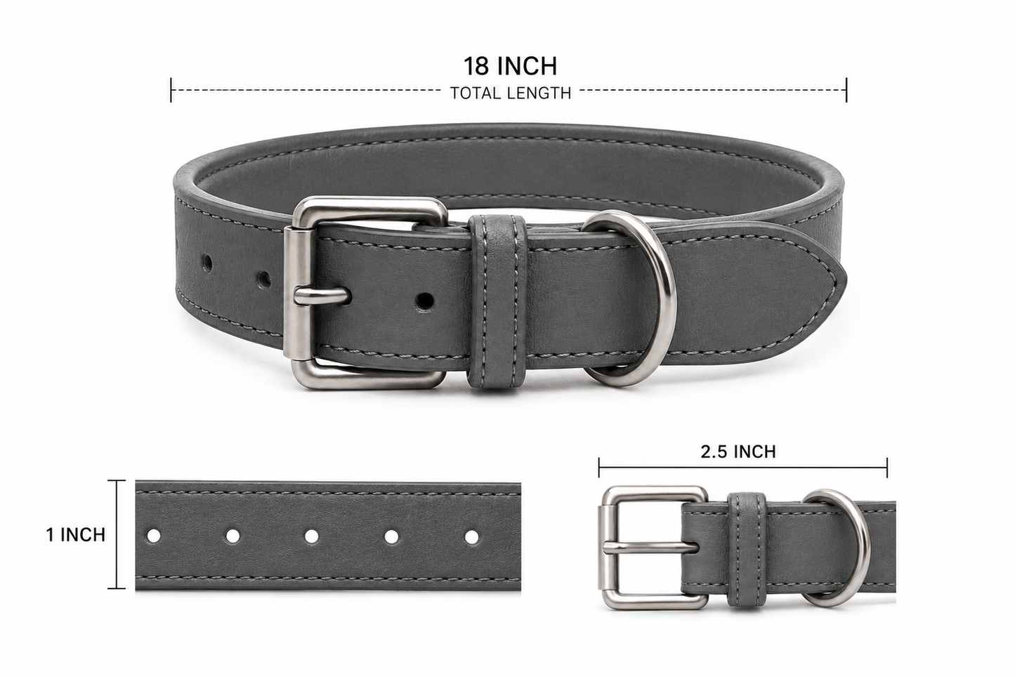 Gray leather dog collar with silver buckle and measurements in inches