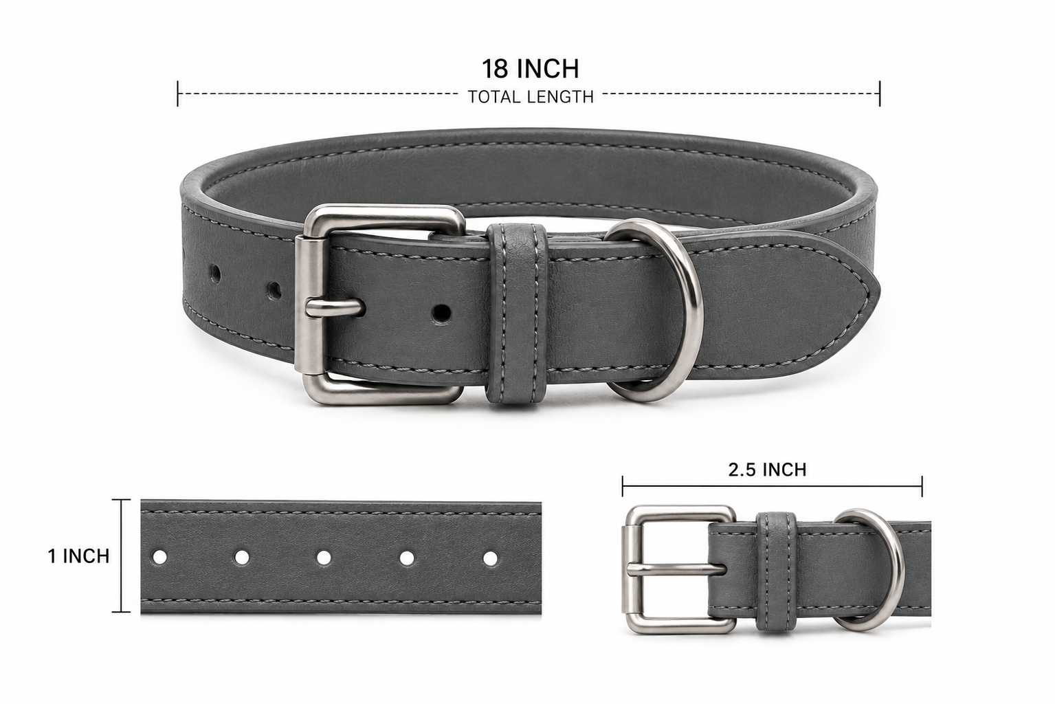 Gray leather dog collar with silver buckle and measurements in inches