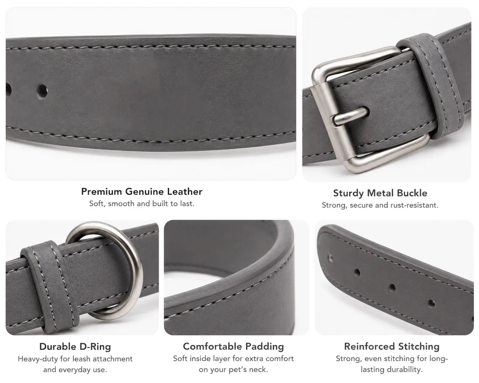 Premium leather dog collar with metal buckle and detailed stitching features